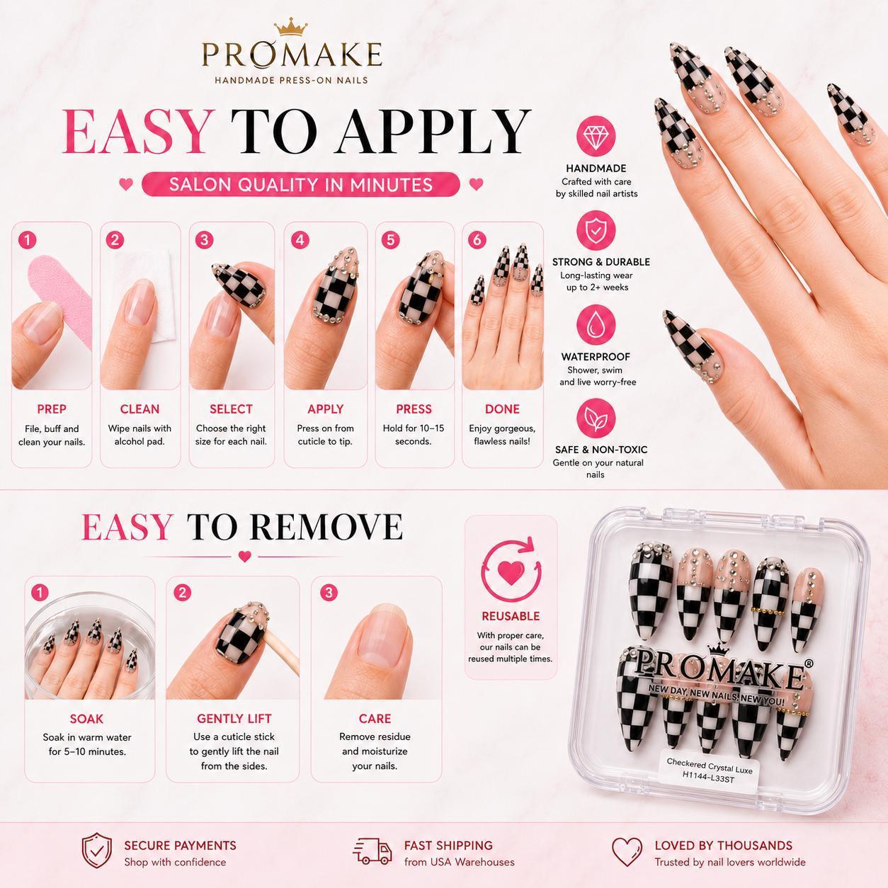 Promake KV01-L33ST-NV Handmade Press On Nails, Elegant Glossy Unisex Accessory, Beach Ready, Nail Art Tools, Different Lengths, No Dry Time, No UV Lamp, Stay Secure Through Sunscreen, Fashion Unisex
