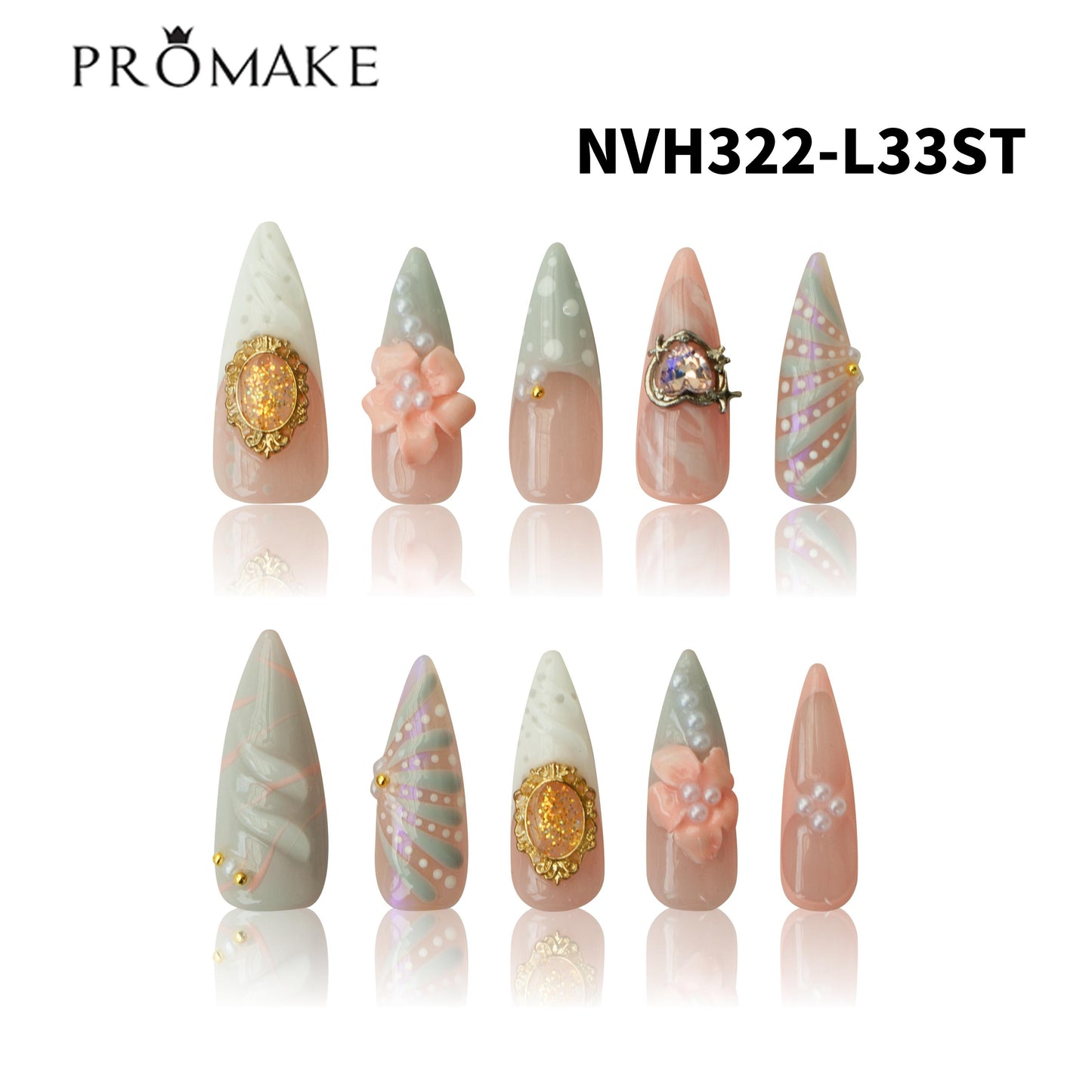 Promake Luxury Handmade Pressed On Decorative Fake Nails Extensions - 1.3 inches Rhinestone Nail Art, 33mm Super Long Length, S-L Sizes, Single Item