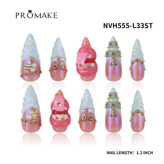 Promake NVH555-L33ST Handmade Press On Nails, Elegant Glossy Unisex Accessory, Beach Ready, Nail Art Tools, Different Lengths, No Dry Time, No UV Lamp, Stay Secure Through Sunscreen, Fashion Unisex