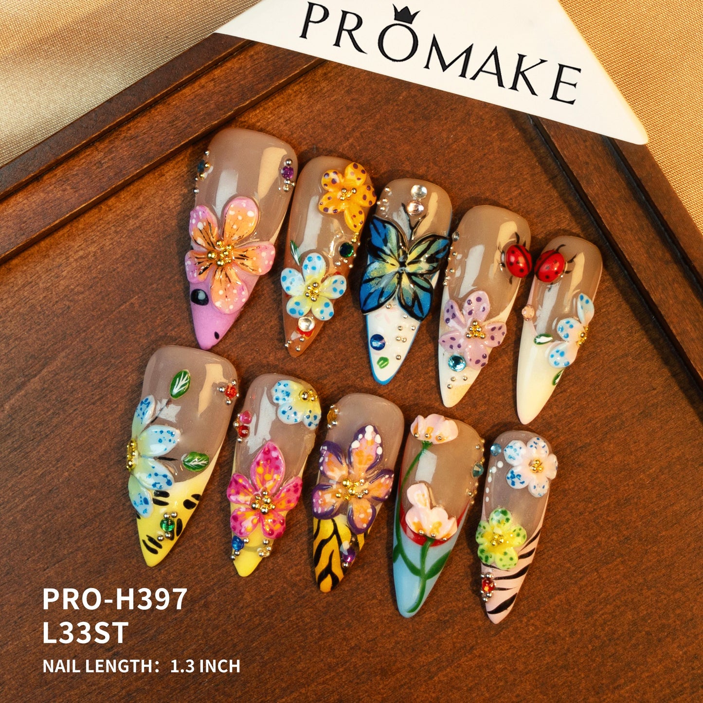 Promake Symphony Collection – Luxury Handmade 3D Floral Butterfly Press-On Nails | Artistic Reusable False Nails Set with Crystals & Gems | 10 PCS with Glue | Elegant DIY Nail Art Gift – Sizes XS–XL