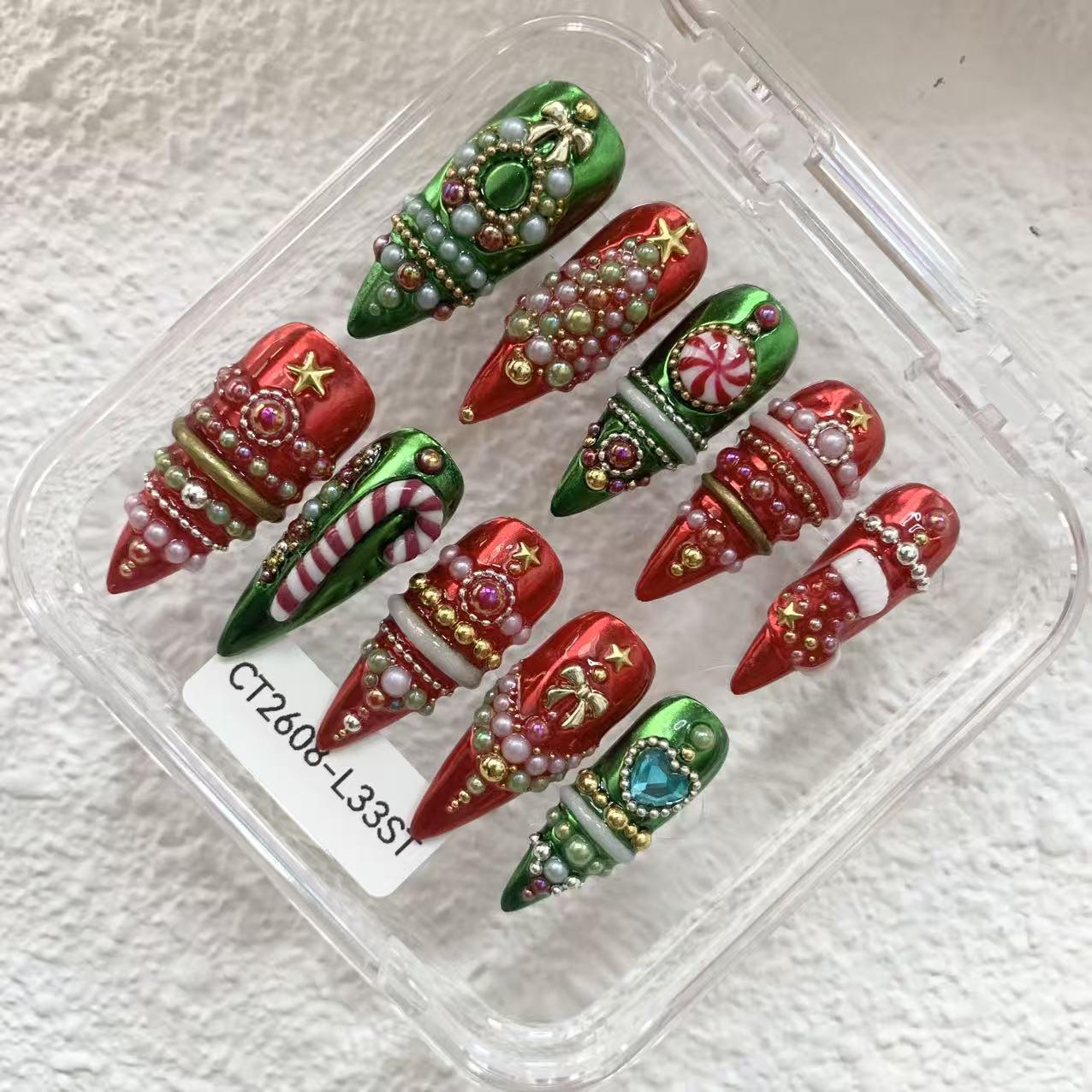 Promake | Two Trending  Luxury Handmade Acrylic Press On Nails for Women - Reusable, 3D Nail Art, Rhinestones, Unique Designer Styles, Multiple Shapes & Lengths, Upgraded Application Kit, Multi-Size