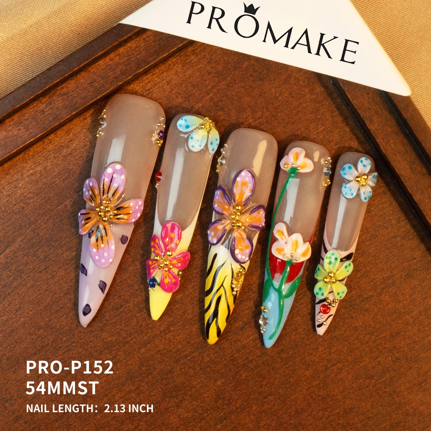 Promake Symphony Collection – Luxury Handmade 3D Floral Butterfly Press-On Nails | Artistic Reusable False Nails Set with Crystals & Gems | 10 PCS with Glue | Elegant DIY Nail Art Gift – Sizes XS–XL
