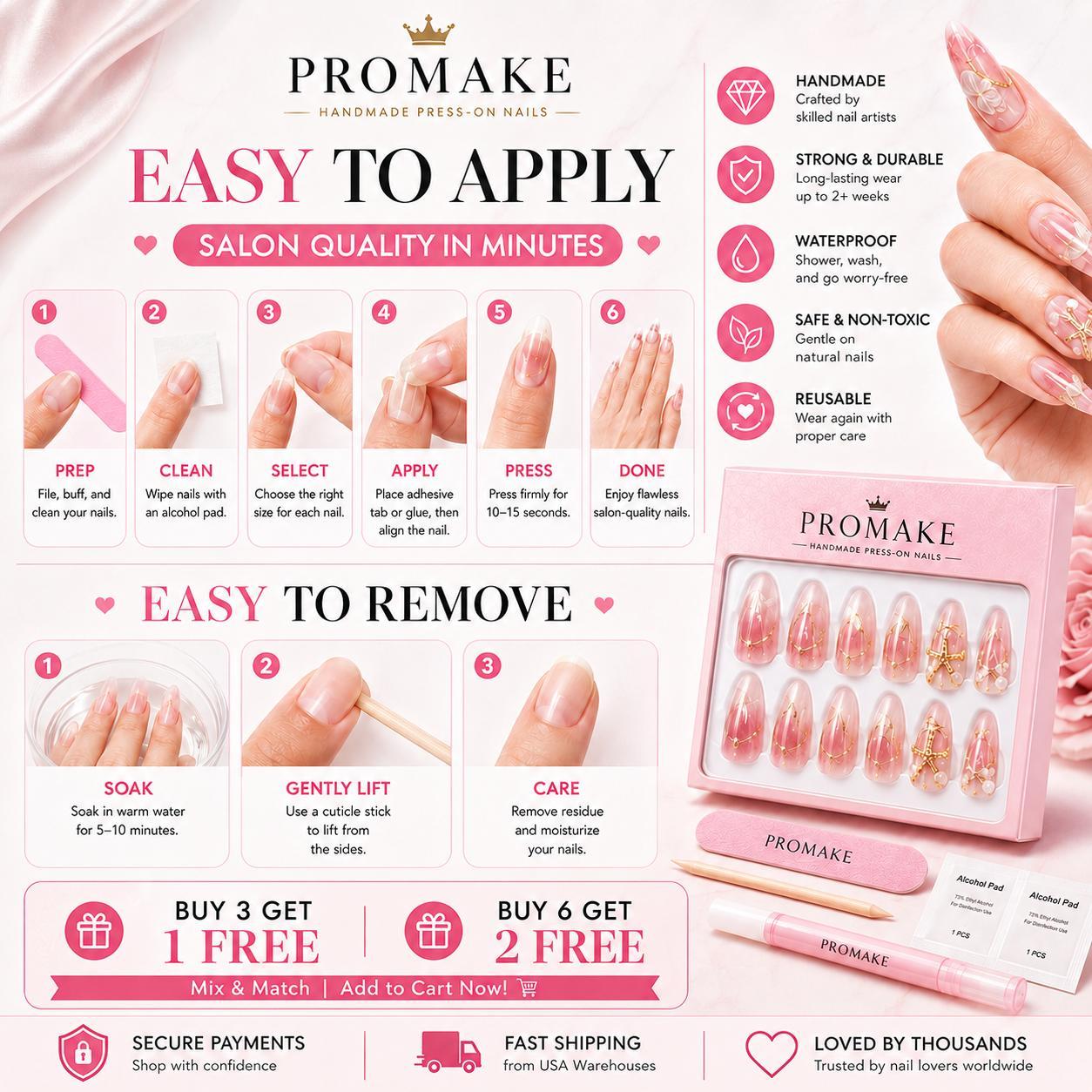 Promake V20-L33ST Handmade Press On Nails, Summer Beach Ready, Nail Inspo Name Accessory