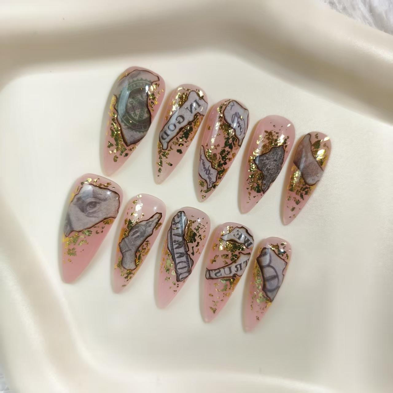 Promake | Love & Abundance Collection | Luxury Handmade Press On Nails with Gold Dollar & Heart Design | Reusable Custom Fit False Nails for Women