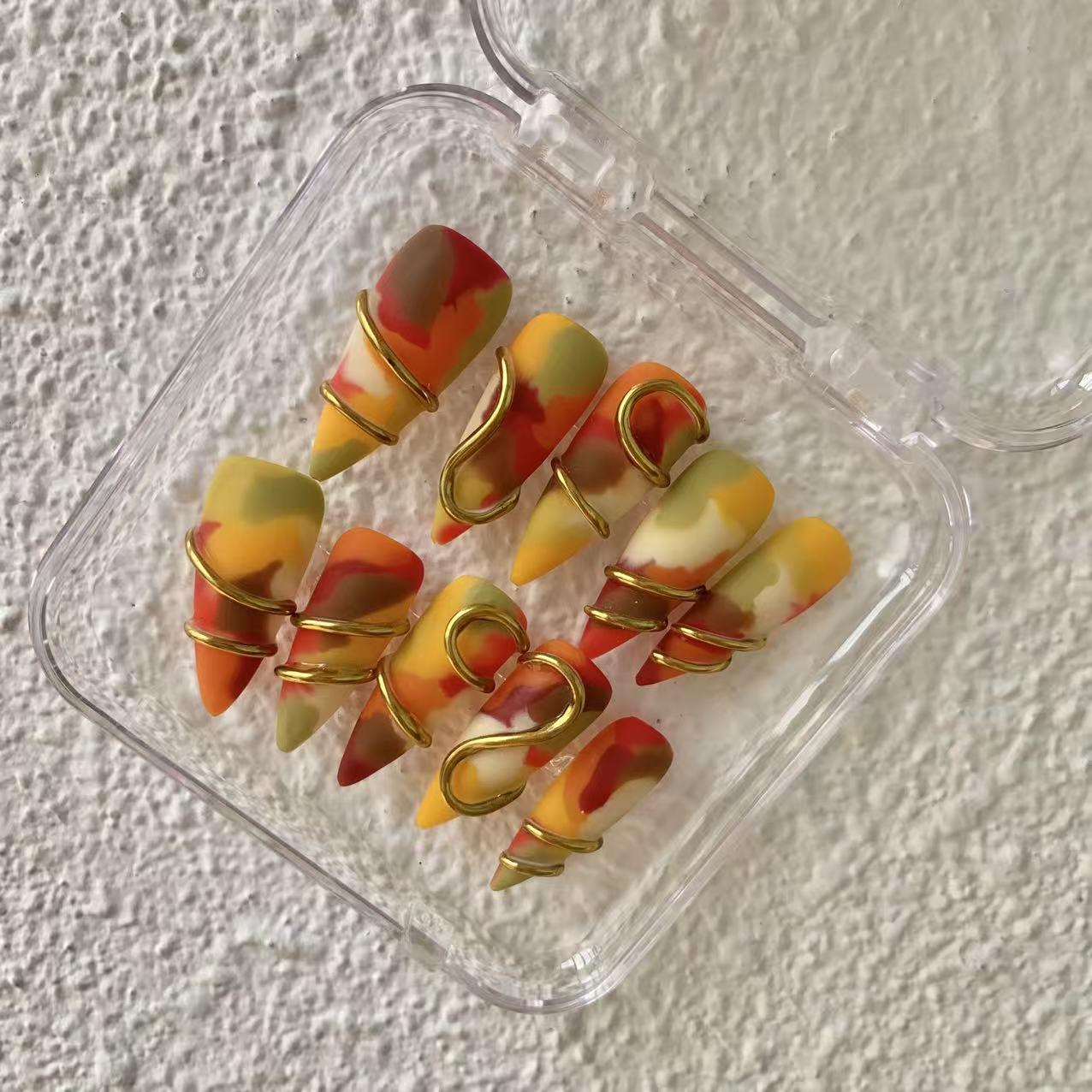 Promake Fall Muse Collection Luxury Handmade Women's Reusable 3D Acrylic Press On Nails - Cat Eye, Rhinestone, Unique Autumn Designs, Multiple Shapes & Lengths, Application Kit, Nail Art Supply