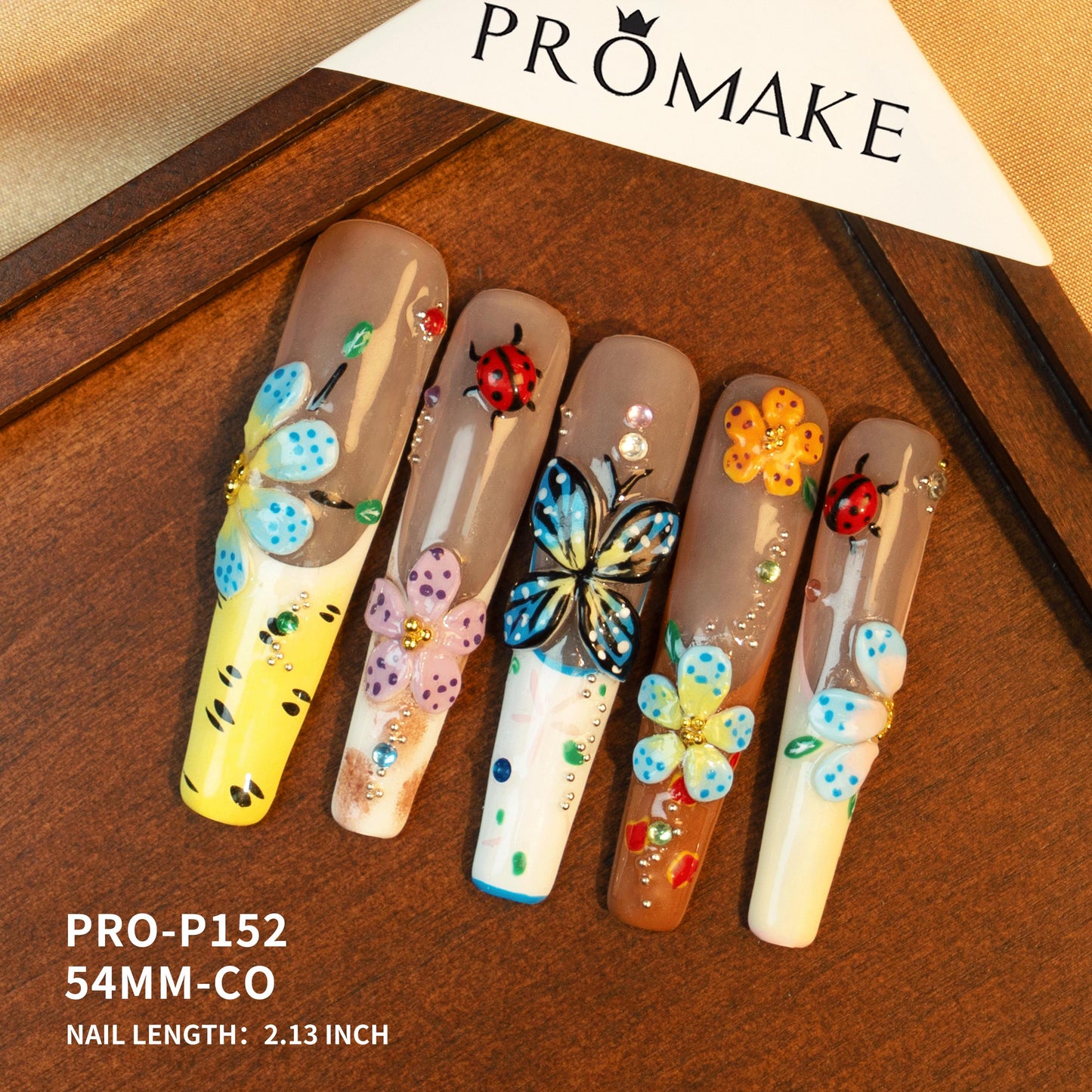 Promake Symphony Collection – Luxury Handmade 3D Floral Butterfly Press-On Nails | Artistic Reusable False Nails Set with Crystals & Gems | 10 PCS with Glue | Elegant DIY Nail Art Gift – Sizes XS–XL
