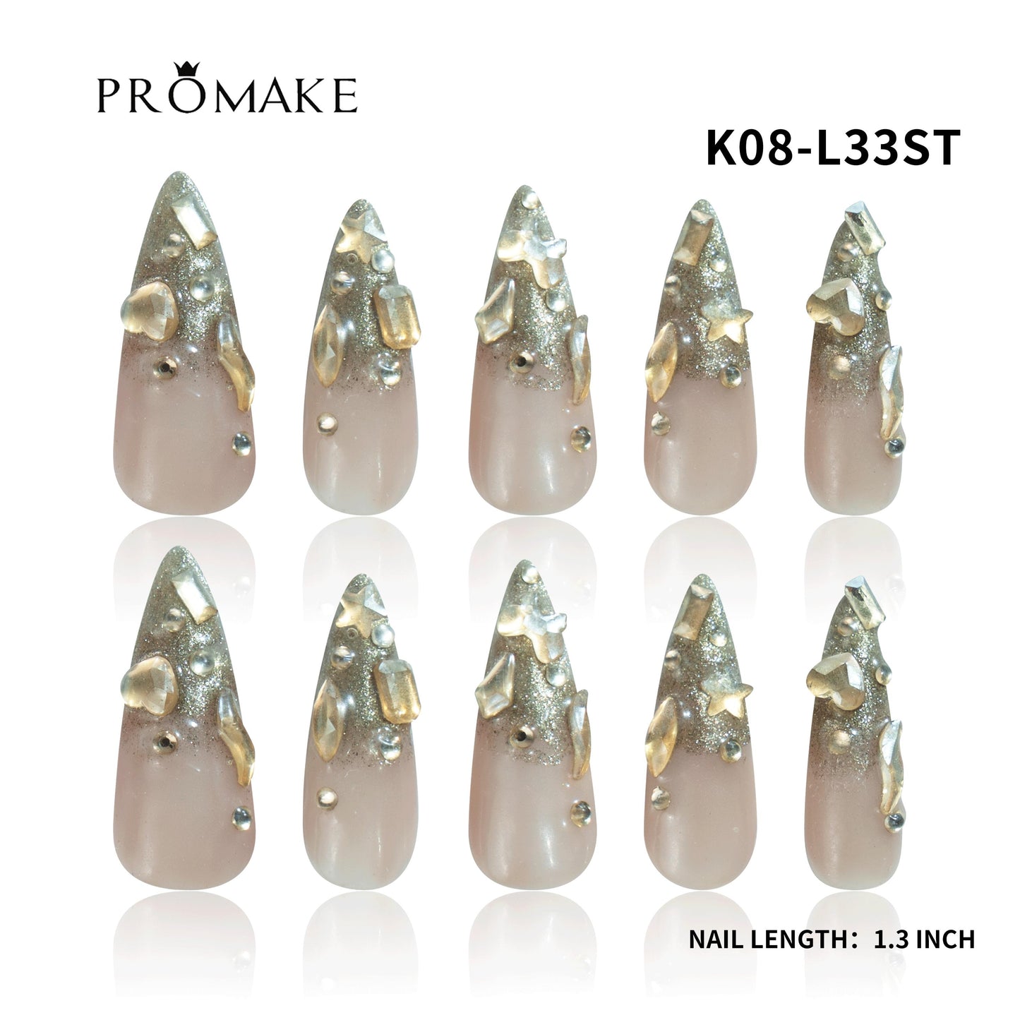Promake Wonders Handmade Press-On Nails - Open InLive Crystal Design, Single Item, Luxury Unique Style, Salon Quality, Long Length, S-L Sizes, 4 Sets of Nail Tools, Handmade Press Ons